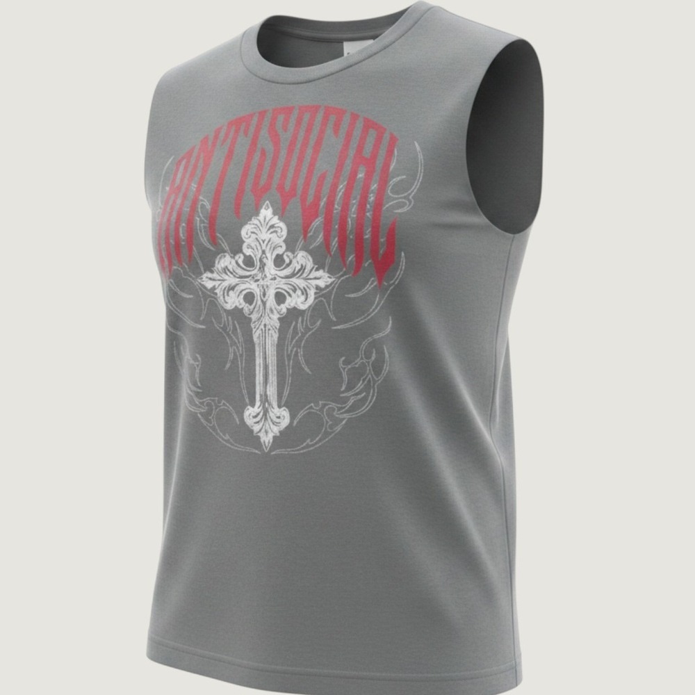 On The Low Antisocial Ornate Cross Muscle Tee Gray Red Streetwear Mens Medium